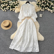 Summer Embroidery Maxi Dress Two Piece Set Women Blue Hollow Lace Long Sleeve Blouse Shirts 3pcs Sets Elastic Waist Skirts Suits