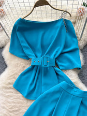 Royal style two-piece set, off-shoulder with high-quality wide-leg pants