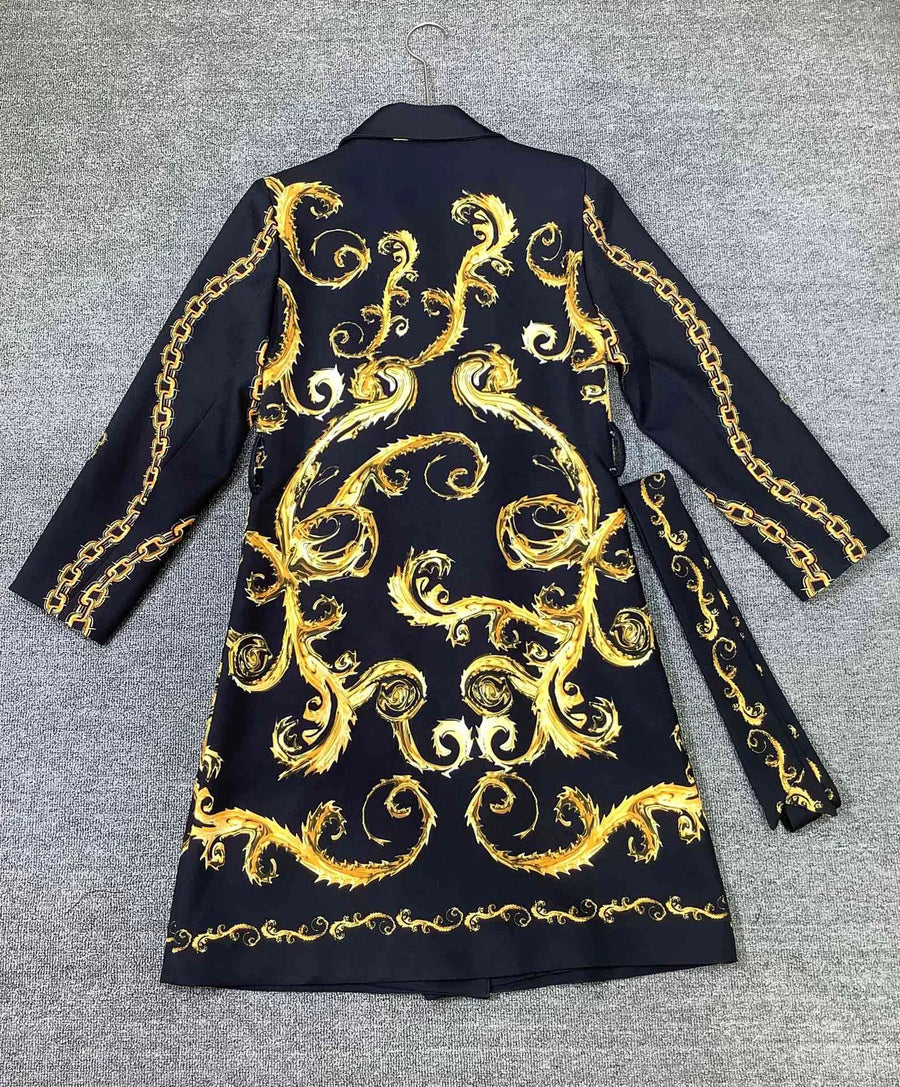 High quality vintage yellow flower print double breasted belt elegant coat.