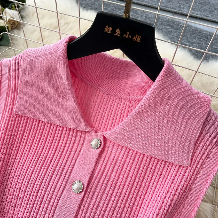 Ribbed Knit Dress Sleeveless Lapel Belt French Ins Chic Spring Summer Celebrity Style Feminine A-line Long Dress