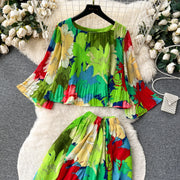 Autumn Women Draped Two Piece Set Bohemian Female Floral Pleated Short Blouse + High Waist Wide Leg Pants Chiffon Suit 2Pcs New