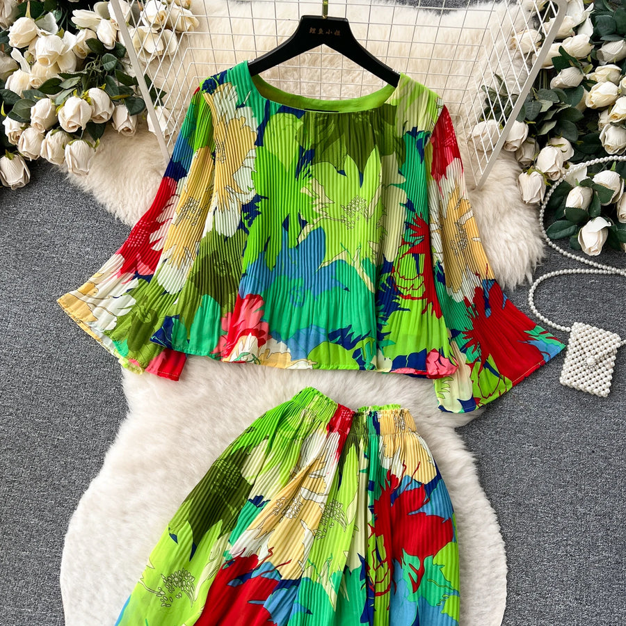 Autumn Women Draped Two Piece Set Bohemian Female Floral Pleated Short Blouse + High Waist Wide Leg Pants Chiffon Suit 2Pcs New