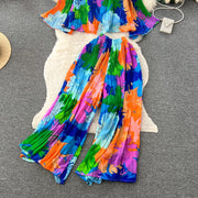 Autumn Women Draped Two Piece Set Bohemian Female Floral Pleated Short Blouse + High Waist Wide Leg Pants Chiffon Suit 2Pcs New