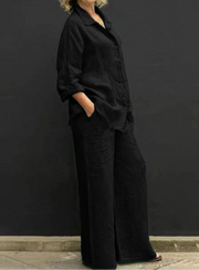 Casual Two Piece Set Cotton Linen Long Sleeve Shirt+Straight Pants