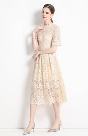 High Quality Hollow Out Short Sleeve Vintage Solid Midi Length Embroidery Lace Elegant Dresses