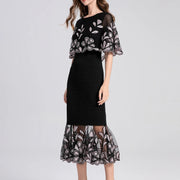 Cape dress with sleeve, flower embroidery, slim mesh, high quality elegant