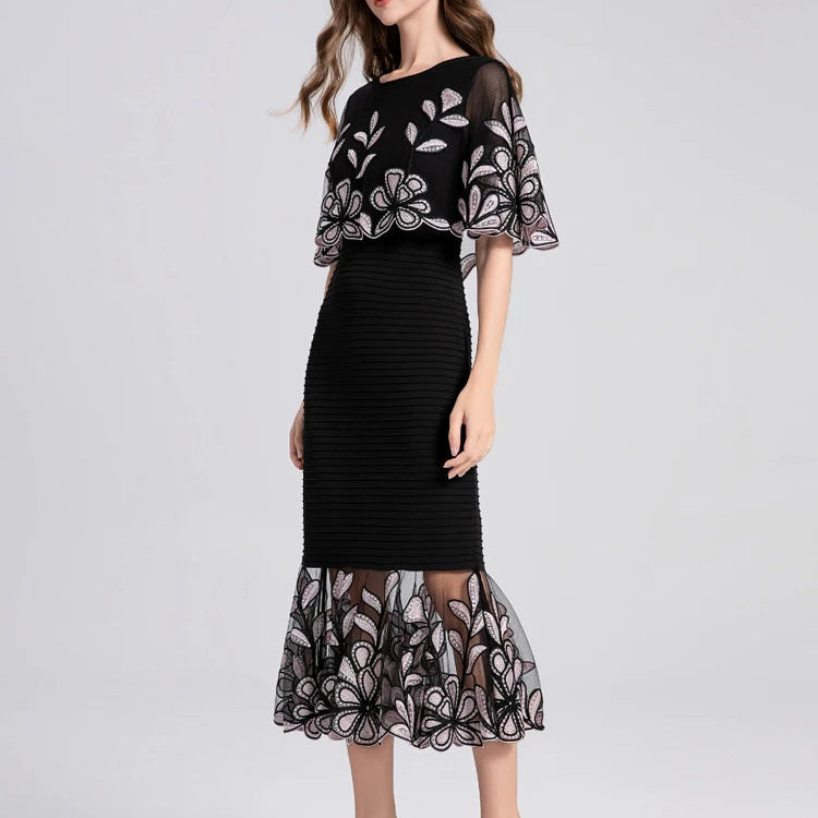 Cape dress with sleeve, flower embroidery, slim mesh, high quality elegant