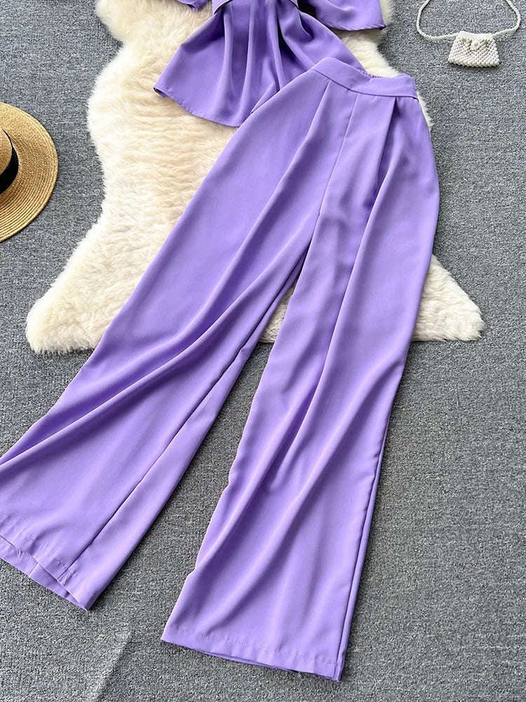 Royal style two-piece set, off-shoulder with high-quality wide-leg pants