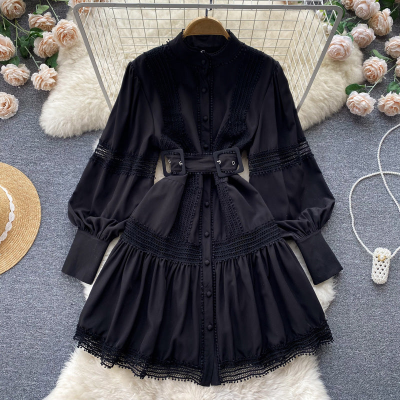 High Quality Stand Collar Puff Long Sleeve Button A Line Short Dress