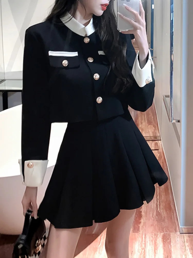 Spring Tweed Fashion Collision Color Crop Jacket Skirts Suit Female Long Sleeved Coat Pleated Skirt Two-piece Set
