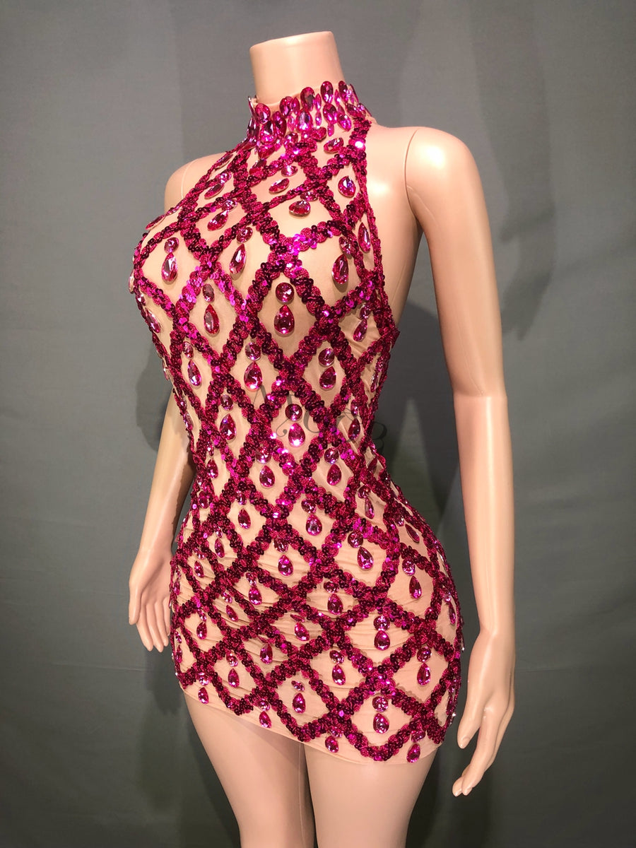 Sheer tight fit short dress with shiny pink sequins and diamonds