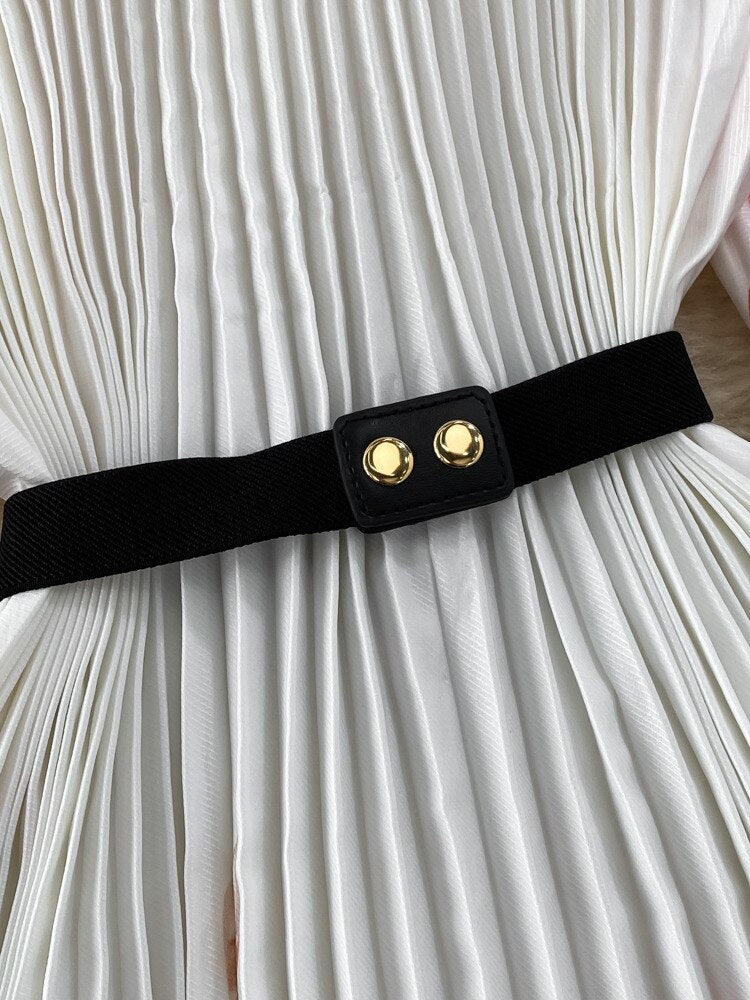 High Quality High Waist Short Sleeve Color Print Pleated O-Neck Dress