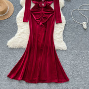 Velvet Dresses Elegant V Neck Vintage Long Sleeve Slim Pleated High Quality