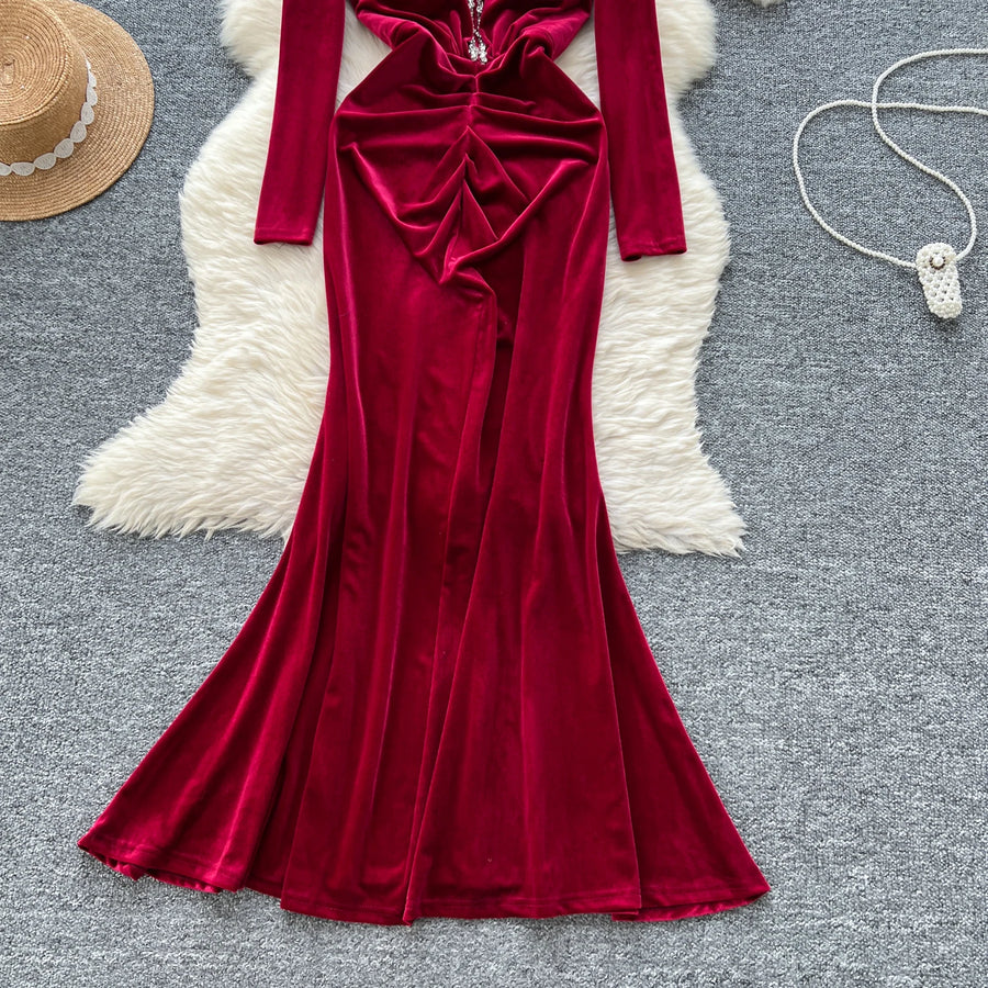 Velvet Dresses Elegant V Neck Vintage Long Sleeve Slim Pleated High Quality