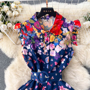 High quality belted ruffle sleeveless flower print dress