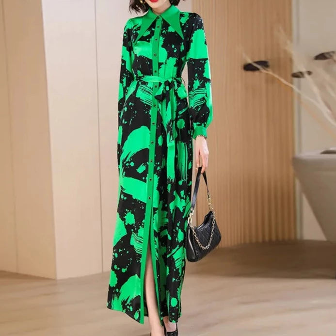 Long sleeve long dress with print and high quality belt