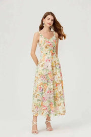 Long dress with open back and sexy A-line cut with high-quality flowers and embroidered lace