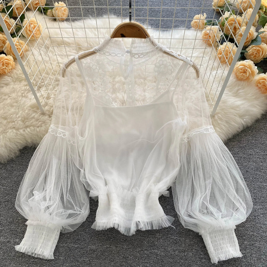 High quality vintage lace puff long sleeve blouse with a little sheer
