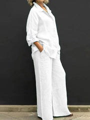 Casual Two Piece Set Cotton Linen Long Sleeve Shirt+Straight Pants