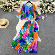 Autumn Women Draped Two Piece Set Bohemian Female Floral Pleated Short Blouse + High Waist Wide Leg Pants Chiffon Suit 2Pcs New