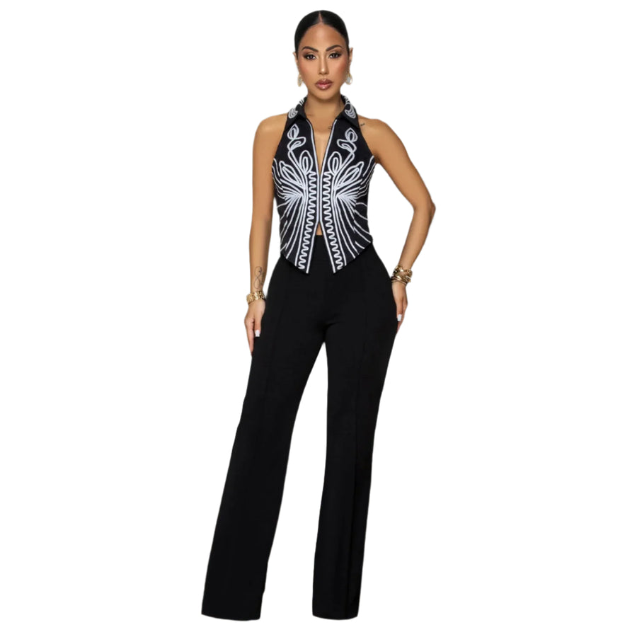Elegant two-piece set for women: printed tank top and high-quality wide-leg pants