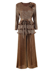 2-piece set of 3D flower pleated niche design lace-up T-shirt + loose elegant wide-leg pants