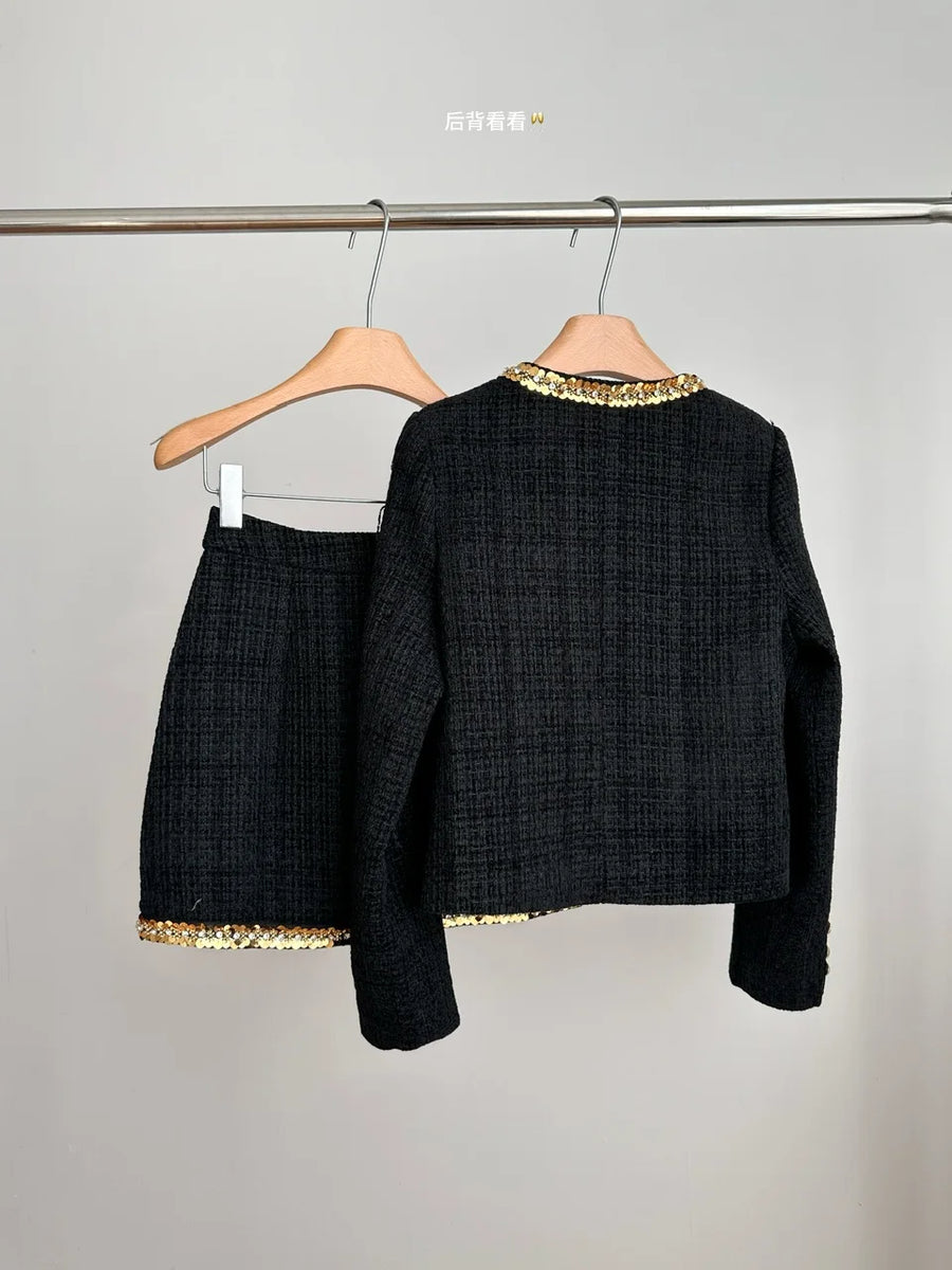 Small fragrance female high-grade single-breasted short coat temperament high-waist skirt two-piece