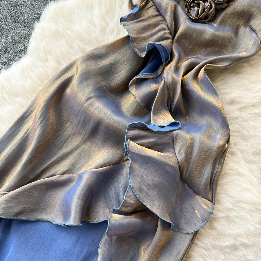 Elegant Floral Ruffles Sleeveless Backless Bodycon High Waist High Quality Dress