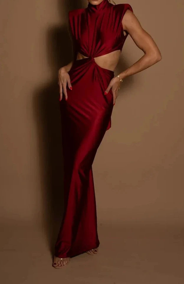 High Quality Plain Sleeveless Bodycon Hollow Out Turtleneck Sexy Long Dress