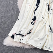 High Quality Satin Ink Print Polo Neck Long Sleeve A-Line Shirt Dress