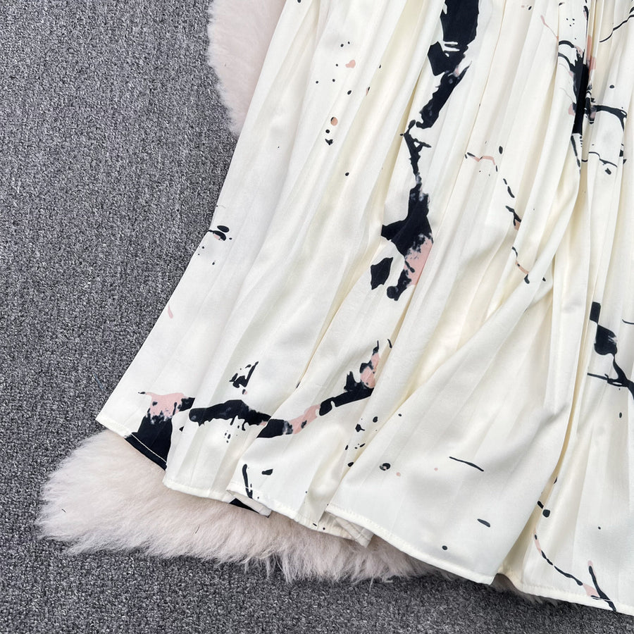High Quality Satin Ink Print Polo Neck Long Sleeve A-Line Shirt Dress