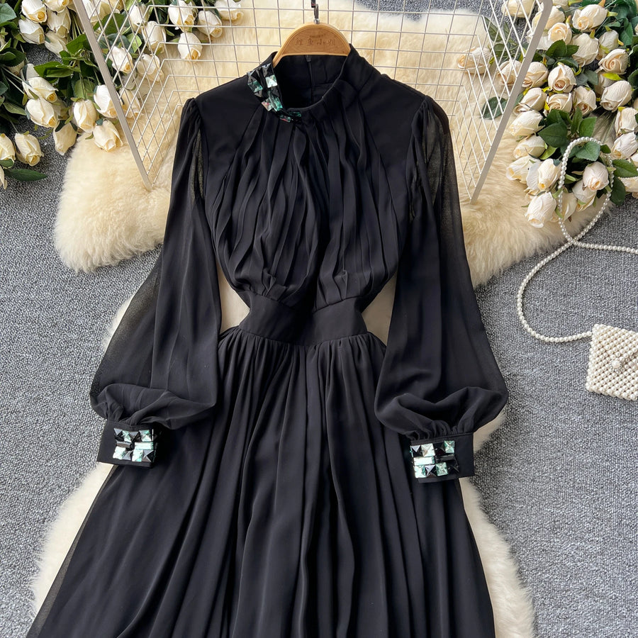 HIGH QUALITY Summer Retro Print Round Neck Flare Sleeve Elegant Pleated Dress