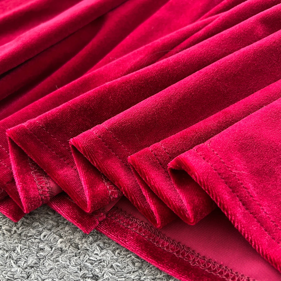 Velvet Dresses Elegant V Neck Vintage Long Sleeve Slim Pleated High Quality