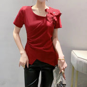 High Quality Pleated Cross Slash Neck Short Sleeve T-shirts