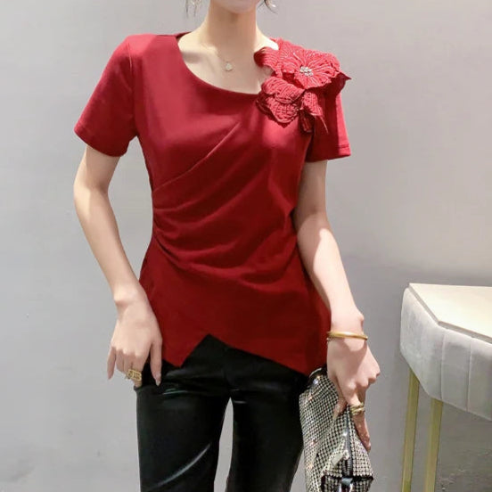 High Quality Pleated Cross Slash Neck Short Sleeve T-shirts