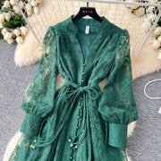 Luxury Embroidery Formal Dresses Women Summer Autumn Lantern Long Sleeve Lace Vestidos Pearl Prom Evening Birthday Dress Party
