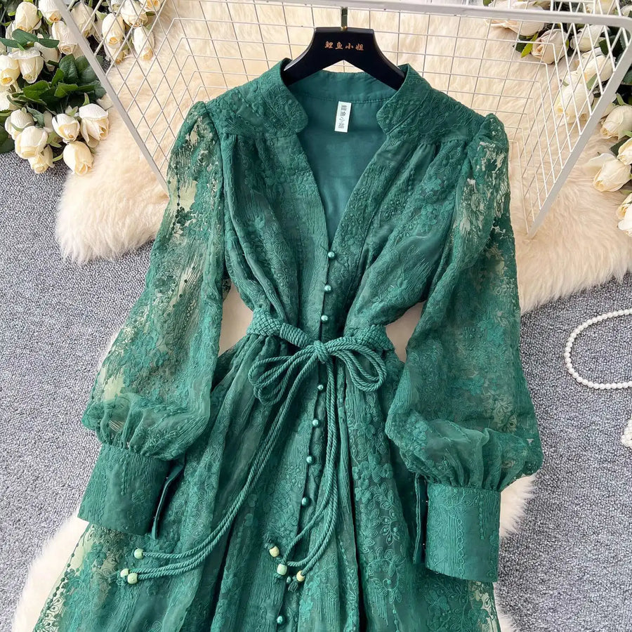 Luxury Embroidery Formal Dresses Women Summer Autumn Lantern Long Sleeve Lace Vestidos Pearl Prom Evening Birthday Dress Party