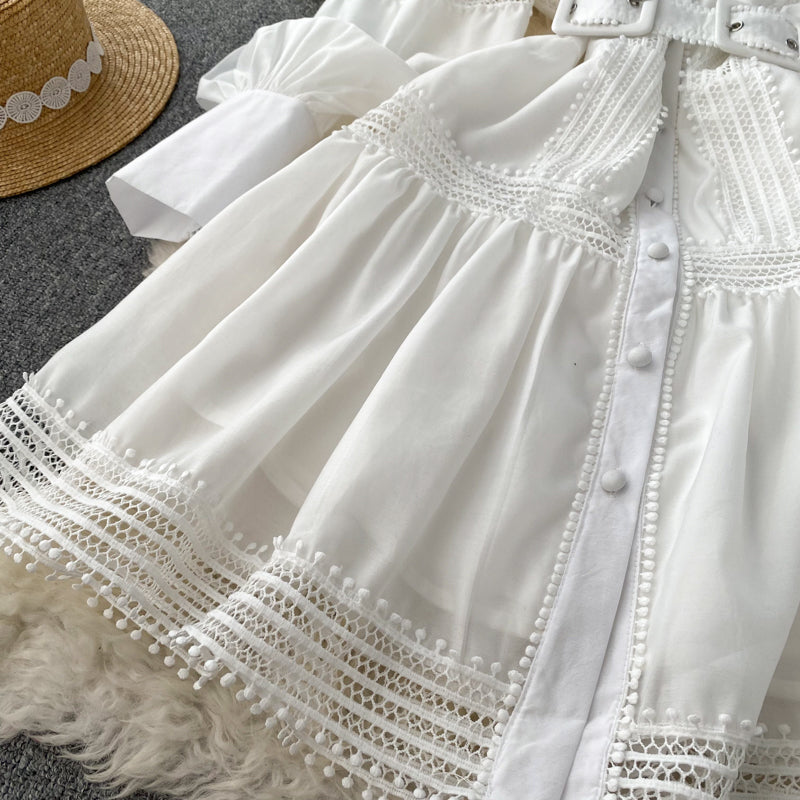 High Quality Stand Collar Puff Long Sleeve Button A Line Short Dress