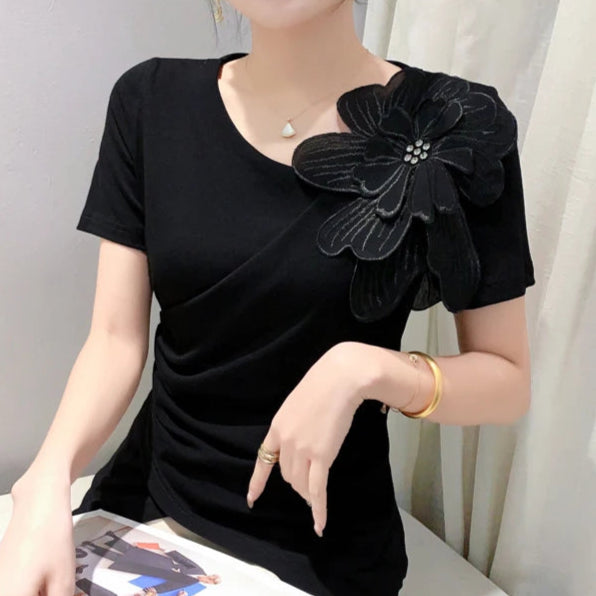 High Quality Pleated Cross Slash Neck Short Sleeve T-shirts