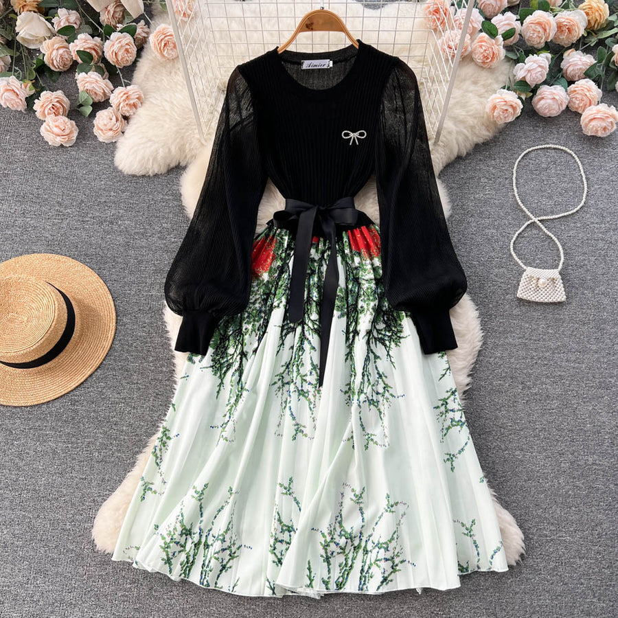 High Quality Flower Print Knitted Mesh Stitching Lantern Sleeve Pleated Dress