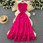 Sexy Hollow Out Embroidery Round Neck Sleeveless Bandage Long Dresses High Quality
