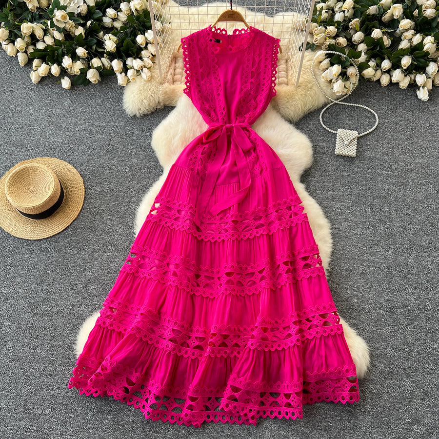 Sexy Hollow Out Embroidery Round Neck Sleeveless Bandage Long Dresses High Quality