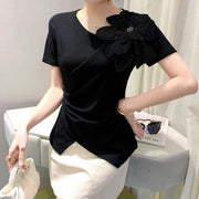 High Quality Pleated Cross Slash Neck Short Sleeve T-shirts