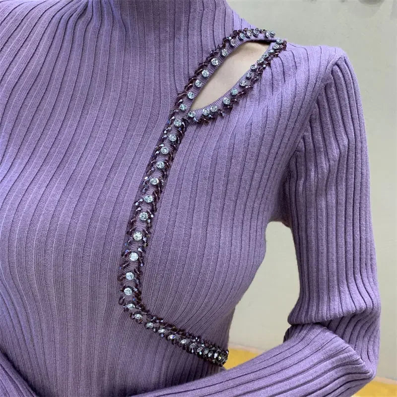 High Quality Stones Turtleneck Long Sleeve Knitted Tops