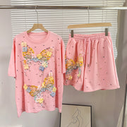 Fashion Butterfly Floral Beading Women's Set T-shirt and Shorts  Summer Active Two 2 Piece Sets Outfit Tracksuit