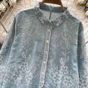 Basic loose long-sleeved polo-neck blouse embroidered with flowers and French-style hook