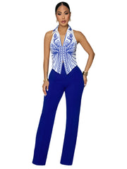Elegant two-piece set for women: printed tank top and high-quality wide-leg pants