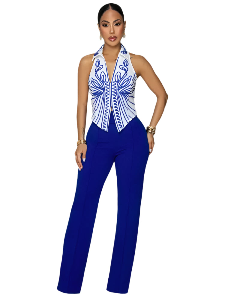 Elegant two-piece set for women: printed tank top and high-quality wide-leg pants