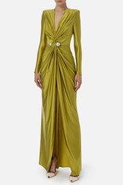 Women's Solid Color Pleated Split Front Tied Waist Bodycon Long Sleeves Deep V Neck Maxi Party Dresses