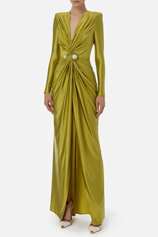 Women's Solid Color Pleated Split Front Tied Waist Bodycon Long Sleeves Deep V Neck Maxi Party Dresses